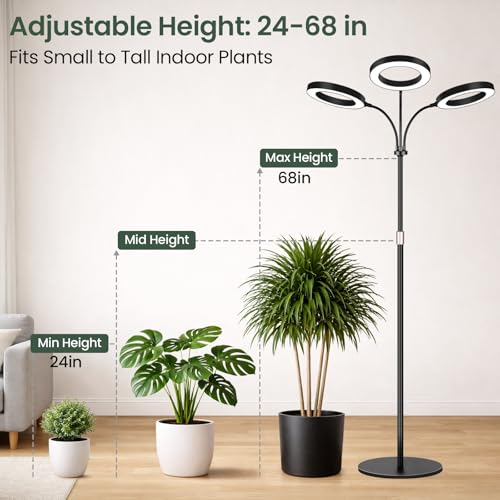 LBW 3-Head Grow Light with Stand for Indoor Plants, Full Spectrum Grow Light for Tall Large Plants, Adjustable Height up to 68", Auto Cycle Timer 6/8/12/16H, 5-Level Dimming, 3 Lighting Modes, Black - size: 3 Head 6.3" Black