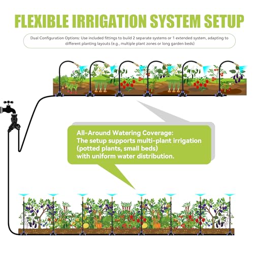 50FT 360° Adjustable Drip Irrigation System Garden Watering System with 12 Nozzles Plant Watering Devices Misting System Greenhouse Accessories for Yard, Lawn - size: 50FT + 12pcs nozzles and connectors