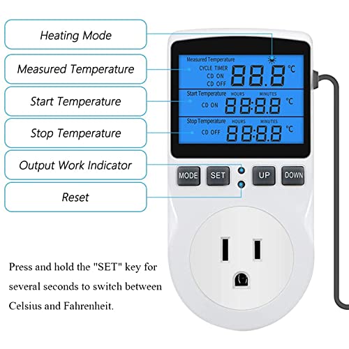 Backlit Digital Temperature Controller, LCD Screen Thermostat | Heating Cooling Outlet Socket Timer with Sensor Regulator for Reptile Incubator Greenhouse Brewing Refrigerator, ℉/℃ - color: Backlit