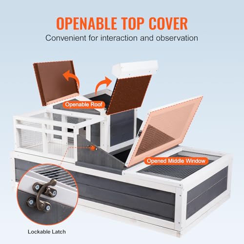 VEVOR 3-Room Tortoise House,Tortoise Habitat with Balcony & 2 Stories, Wooden Tortoise Enclosure Indoor & Outdoor with Ramp, Tray, Openable Roof, Large Reptile Cage, 44" x 25.6"x 24"