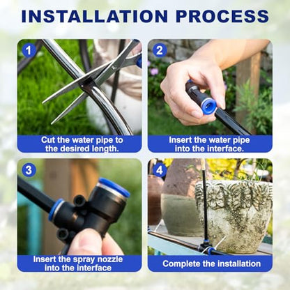 Upriver 15 Pcs Brass Misting Nozzles Tee with 8 Inch Built in Hose for 1/4"/6mm Tubing, 360° Rotation Adjustable Water Mister Nozzle Thread Sprayer for Garden Watering System - size: 1/4in/6mm