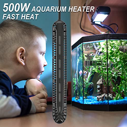 HiTauing Aquarium Heater, 500W Fish Tank Heater with LED Digital Display & 5 Safety Protection, Submersible Aquarium Heater with 2 Suction Cup and 8.2Ft Cord for 75-120 Gallon Fish Tank. - size: 500 Watt Aquarium Heater
