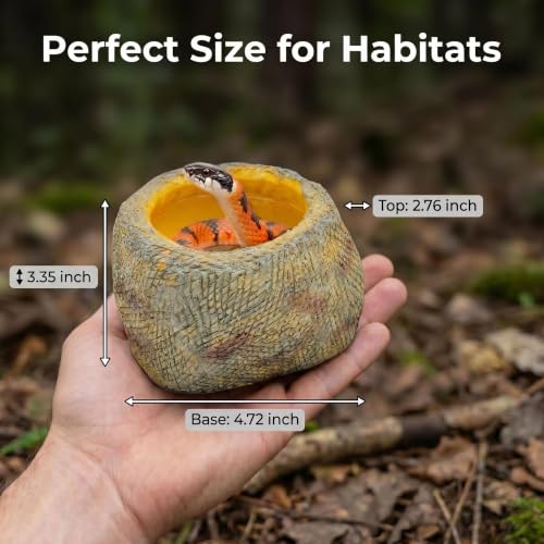Resin Reptile Feeding Water Bowl with Wide Non-Slip Base | for Bearded Dragons, Gecko & Frog Compatible, Soaking & Drinking, Natural Rock Texture, Cage Decor