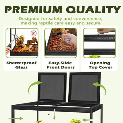 65 Gallon Bearded Dragon Tank, 40 x 20 x 20 Inch Tempered Glass Reptile Enclosure with Metal Mesh Top, Lockable Sliding Front Doors, Large Lizard and Snake Terrarium, Black - color: Black, size: 65 Gallon (40x19.5x19.5 Inch)