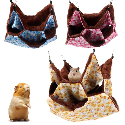 Weewooday 3 Pcs Rat Hammock 3 Tier Ferret Hammock Cage Hanging Bed Cage Accessories for Pet Guinea Pig Hamster Parrot Sugar Glider Ferrets Rat Chinchilla Playing Sleeping(Blue, Pink, Yellow) - color: Blue, pink, yellow