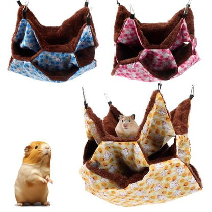 Weewooday 3 Pcs Rat Hammock 3 Tier Ferret Hammock Cage Hanging Bed Cage Accessories for Pet Guinea Pig Hamster Parrot Sugar Glider Ferrets Rat Chinchilla Playing Sleeping(Blue, Pink, Yellow) - color: Blue, pink, yellow