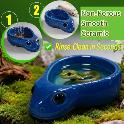 Ceramic Reptile Water Dish, Blue | Snake Water Bowl, For Snake, Leopard Gecko, Bearded Dragon and Lizard, Bathing Pool Food Feeding Dish - color: Blue