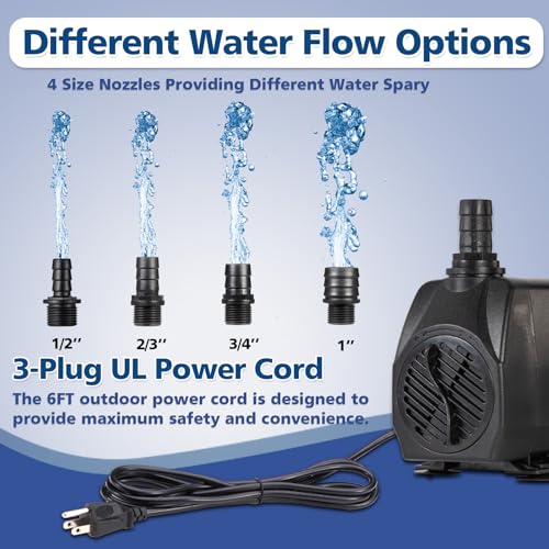 800GPH Submersible Water Pump(3000L/H 60W), Adjustable Ultra Quiet Fountain Pump with 4 Nozzles 10ft High Lift for Aquarium, Fish Tank, Pond, Waterfall, Outdoor, Hydroponics - size: 800GPH