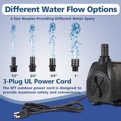 800GPH Submersible Water Pump(3000L/H 60W), Adjustable Ultra Quiet Fountain Pump with 4 Nozzles 10ft High Lift for Aquarium, Fish Tank, Pond, Waterfall, Outdoor, Hydroponics - size: 800GPH