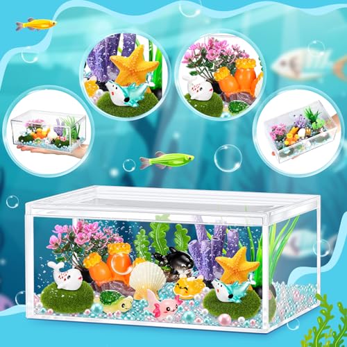 HyDren Ocean Crafts DIY Tank Glow in The Dark Mini Sea Animal Axolotl Figures Gift Ocean Diorama for Home Under The Sea Themed Birthday Party Decorations - style: Ocean