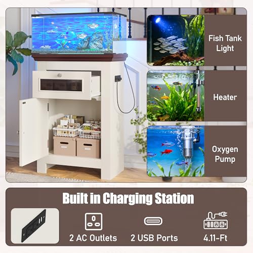 10-15 Gallon Fish Tank Stand, Aquarium Stand with Power Outlets, 198LBS Capacity, Fish Tank Table with Storage Cabinet and Drawer, Aquarium Table for Reptile Terrarium Stand, Beige Brown