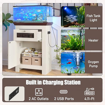 10-15 Gallon Fish Tank Stand, Aquarium Stand with Power Outlets, 198LBS Capacity, Fish Tank Table with Storage Cabinet and Drawer, Aquarium Table for Reptile Terrarium Stand, Beige Brown