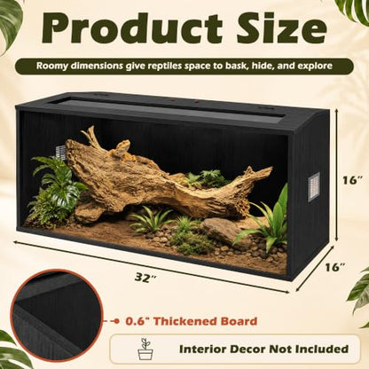 Bearded Dragon Tank, Reptile Enclosure, Tempered Glass Lizard Tank, Bearded Dragon Enclosure with Built-in Lamp Fixture and Wooden Roof for Chameleon (32x16x16 Inch, Black) - color: Black, size: 35 gallons
