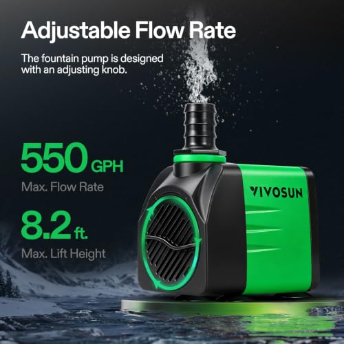 VIVOSUN 550GPH Submersible Fountain Water Pump for Pond, Aquarium, Statuary | 2000L/H, 35W, Ultra Quiet Water Pump with 8.2ft. High Lift and 6.5ft. Power Cord, 3 Nozzles for Hydroponics - size: 6"×4"-550