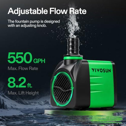 VIVOSUN 550GPH Submersible Fountain Water Pump for Pond, Aquarium, Statuary | 2000L/H, 35W, Ultra Quiet Water Pump with 8.2ft. High Lift and 6.5ft. Power Cord, 3 Nozzles for Hydroponics - size: 6"×4"-550