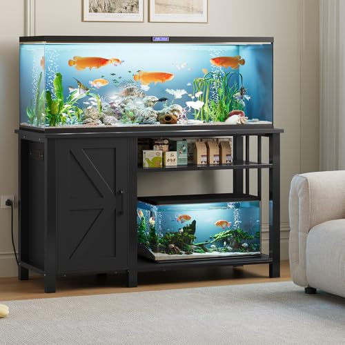 55-75 Gallon Fish Tank Stand with Power Outlet & Adjustable Shelf, Heavy Duty Aquarium Stand with Cabinet Storage for Fish Tank, Turtle Tank, Reptile Terrarium, 1000LBS Capacity, Black - color: Black