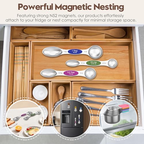 Magnetic Measuring Cups and Spoons Set – 304 Stainless Steel | Dual-Sided Markings | Space-Saving Kitchen Organizer | N52 Magnetic Nesting | 15-Piece with Leveler | Baking & Gift(Colorful) - color: Magnetic Measuring Cups and Spoons Set - Colorful
