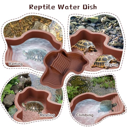 3PCS Tortoise Water Dish with Leaf Reptile Food Dish, Reddish | Anti-slip Reptile Bathing Pool with Ramp, Smooth Tortoise Water Dish Turtle Pool for Lizard Gecko Snake Frog Amphibians - color: Reddish Brown