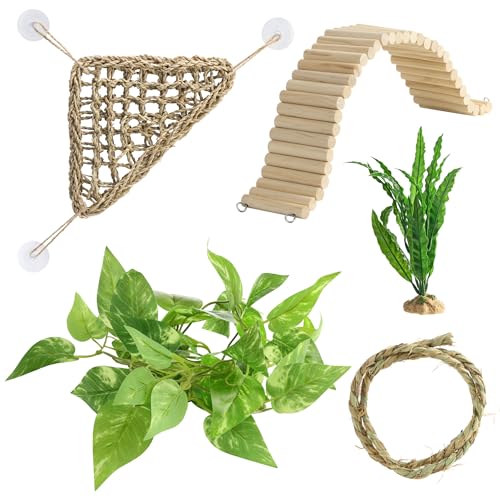 Navaris Bearded Dragon Habitat Essentials - Tank Accessories Set of 5 - Reptile Hammock Adjustable Wooden Ramp DIY Rope Plants - Ideal for Lizard & Gecko Tank