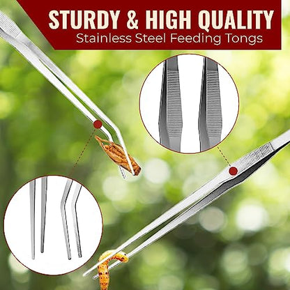 CoCoo Feeding Tongs for Reptiles, Stainless Steel Tweezers, 1 Straight Tip Nipper & 1 Curved Serrated Forcep, Feeds Mealworms, Crickets to Snakes, Geckos, Lizards, Tarantulas, 2pc
