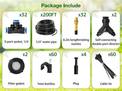 Pro-Series Drip Irrigation System, 200FT 1/4" Garden Watering System with 32pcs 360° Bendable Copper Nozzles, Leak-Free Quick-Connect Misting Sprinkler Kit for Patio, Raised Beds, Yard, Greenhouse - size: 200FT