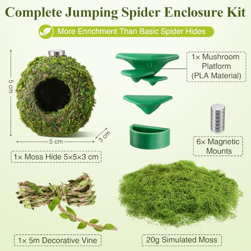 Jumping Spider Accessories, Jumping Spider Hide for Climbing & Hiding | Habitat Decor Kit-Handmade Moss Hideout, Mushroom Platform,Hemp Rope Bridge for Exploration,Magnetic,Tool Free Installation