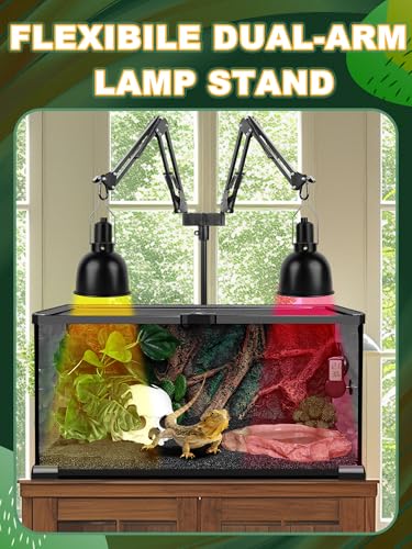 Dual Reptile Light Stand, Dual Swing-Arms, Black, 15.7-74.3 inch | 2 Adjustable 360° Swing Arms, Heat Bulb Stand, For Bearded Dragons, Turtles, Chameleons, Terrarium Compatible - color: Black, size: Dual Swing-Arms
