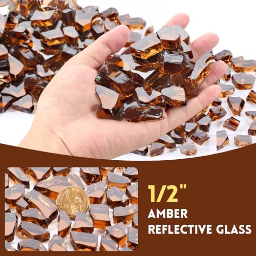 10 Pounds Fire Glass 1/2 Inch High Reflective Tempered Firepit Glass | Amber Rocks for Fireplace, Fire Pit Table, Fire Bowl and Landscaping & DIY Crafts - color: Amber, size: 1/2 inch, 10lb