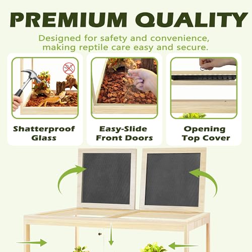 35 Gallon Bearded Dragon Tank, 32 x 16 x 16 Inch Tempered Glass Reptile Enclosure with Metal Mesh Top, Lockable Sliding Front Doors, Large Lizard and Snake Terrarium, Oak - color: Oak, size: 35 Gallon (32x15.5x15.5 Inch)
