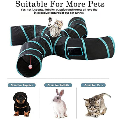 Upgraded Cat Tunnel Toy with 5 peek-a-Boo Windows, Large 4-Way Maze Tube | cat tunnels for indoor cats large,Collapsible Maze House Play Tube Interactive Toy for Cat Kitten Kitty Rabbit Black - size: 4-way Black