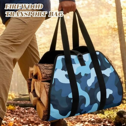 Blue Camo Print Firewood Carriers with Handles | Waterproof Fabric, Large Capacity, Open-Ended Design, for Daily Home Heating and Outdoor Camping - color: Multi Shade Blue Urban Camo Print