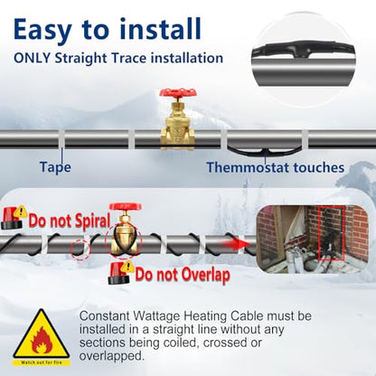 Heat Tape for Water Pipes, 7W/FT Constant Wattage Cable 9FT | Protects water-filled metal and plastic pipes from freezing. Install in a straight line only. CSA & ETL certified. - style: 9 Feet
