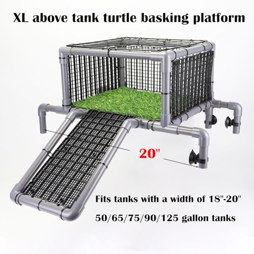 Elevated Turtle Basking Platform Above Tank, Turtle Topper Dock with Non-Slip Ramp and Grass, Extra Large Loft for 18-20” Wide 75/90/125 Gal (Grey/Black) - size: Extra Large (fits 18‑20 inch wide turtle tanks)