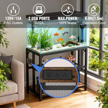 40 Gallon Metal Aquarium Fish Tank Stand, Rustic Brown | Built in power outlets adjustable shelf 660LBS load bearing fits turtle reptile terrarium breeder tank home office use - color: Rustic Brown