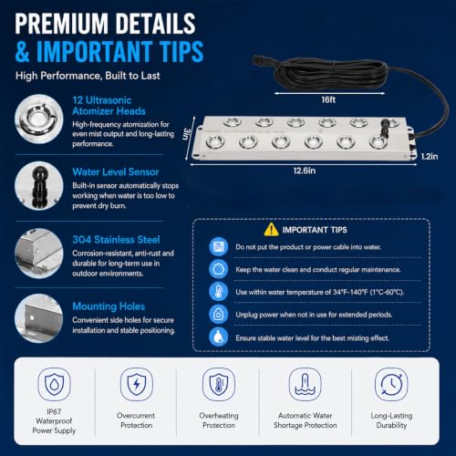 Ultrasonic Mist Maker Fogger 12 Heads, 9000ml/H 400W Pond Fogger with Float, IP67 Waterproof Power Supply, 304 Stainless Steel Ultrasonic Mister with Auto Shut-Off for Pond,Fountain,Garden,Halloween - size: 12 HEAD