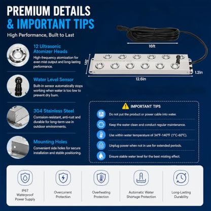 Ultrasonic Mist Maker Fogger 12 Heads, 9000ml/H 400W Pond Fogger with Float, IP67 Waterproof Power Supply, 304 Stainless Steel Ultrasonic Mister with Auto Shut-Off for Pond,Fountain,Garden,Halloween - size: 12 HEAD