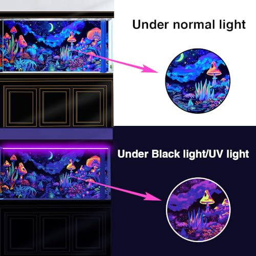24X12IN Blacklight Mushroom Flower Black Light Aquarium Background, UV Fish Tank Background Moonlight Mountain Forest Landscape Terrarium Background with 10 EVA Double-Sided Tape - size: 24X12in/60X30cm