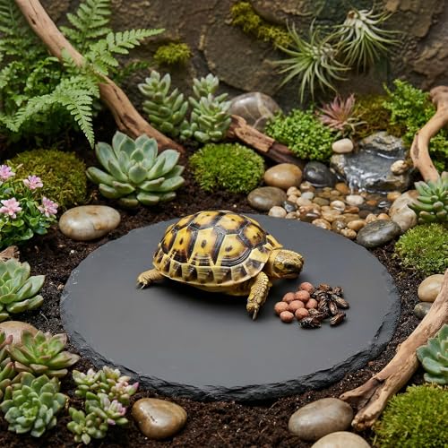 Reptile Basking Platform 6" Round Slate Rock Plate, Natural Tortoise Feeding Bowl Resting Stone for Bearded Dragon Turtle Lizard Gecko