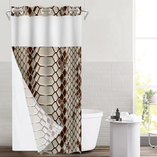 Brown Snake Scale No Hooks Shower Curtain with Snap in Liner Set, Reptile Skin Texture Tub Curtainn Mesh Top Window & Magnetic Hem Waterproof 35.5X74 Inch - color: Brown Snake Scale 1 Brown03, size: 35.4"W x 74"L (Pack of 1)