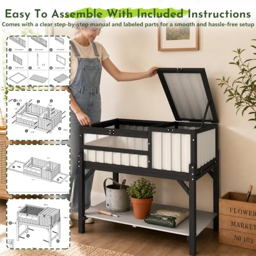 Large Tortoise Habitat with Storage Shelf, Wooden & Plastic Tortoise Enclosure with Adjustable Lamp Stand, Viewing Window, Pull-Out Tray, 2-Room Indoor Outdoor Reptile Turtle House - size: 39"L x 22.8"W x 33"H