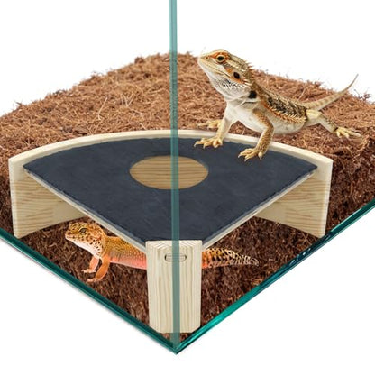 Natural Slate Reptile Basking Platform, 7.7-Inch Corner Terrarium Shelf with Climb-Through Opening for Leopard Geckos, Small Lizards and Hermit Crabs