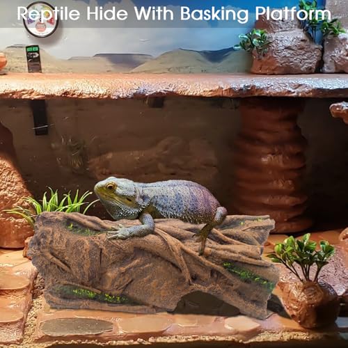 Large Reptile Hide Hollow Log for Snake Ball Python Bearded Dragon | Snake Hideout with Basking Platform, Tank Accessories for Lizard and Gecko, Eco-Friendly Resin, Durable Reptile Shelter Decor