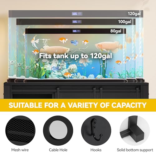 DWVO 120 Gallon Aquarium Stand with Power Outlets, Reptile Terrarium Table | Heavy Duty Metal Fish Tank Stand & Cabinet, with 1100LBS Capacity for Aquarium Accessories Storage, Black