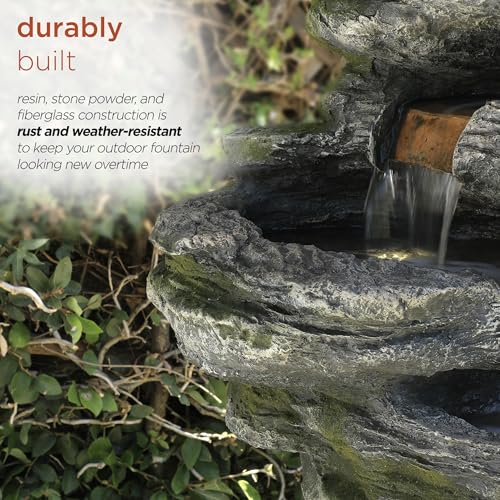 Alpine Corporation WIN1146 Outdoor Floor Cascading 8 Tiered Rock Garden Water Fountain with LED Lights, 58", Gray - style: 58" H - 8-Tier Warm White LEDs