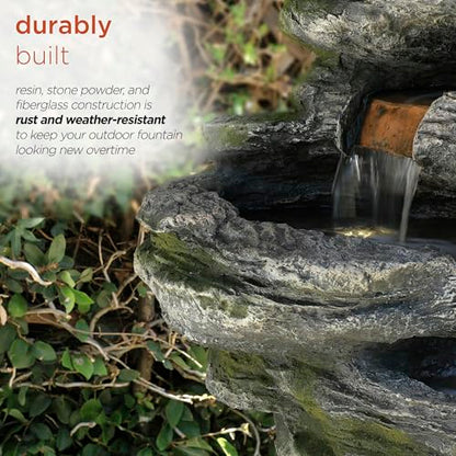 Alpine Corporation WIN1146 Outdoor Floor Cascading 8 Tiered Rock Garden Water Fountain with LED Lights, 58", Gray - style: 58" H - 8-Tier Warm White LEDs