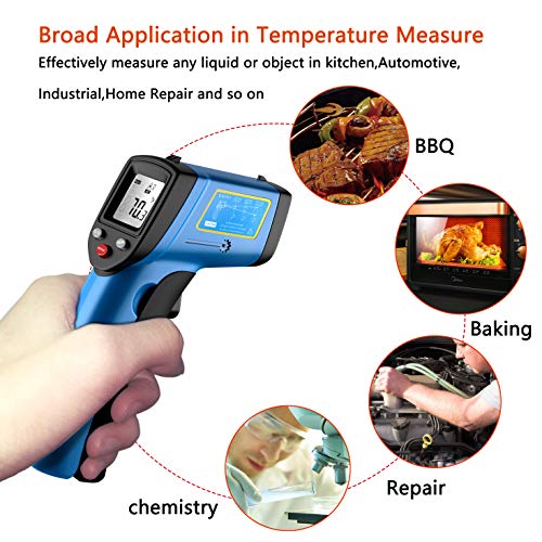 RISWOJOR Infrared Thermometer Cooking Digital Temperature Gun，Adjustable Emissivity &MAX/MIN/at/Cal Temp Gun; -58°F~752°F(-50°C～400°C) IR Laser Thermometer Gun for Industrial,Kitchen/Ovens/Grill