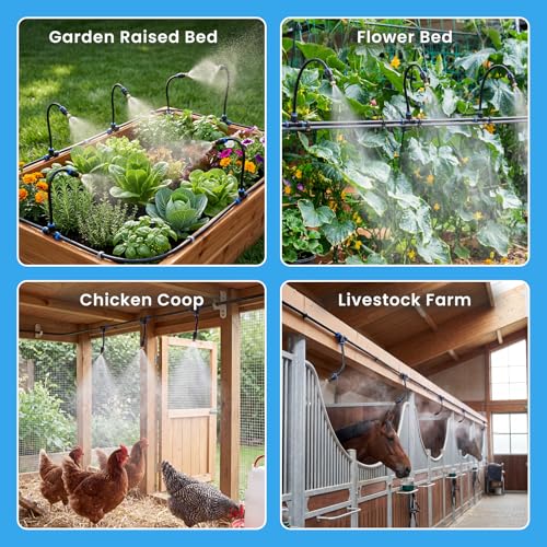 Adjustable Misting System, 360° Flexible Brass Nozzles, 32FT | Pre-assembled Mister Hose for Patio Cooling, Garden Irrigation, Greenhouse Watering, Pet Chicken Coop Cooling - size: 32FT / 10M