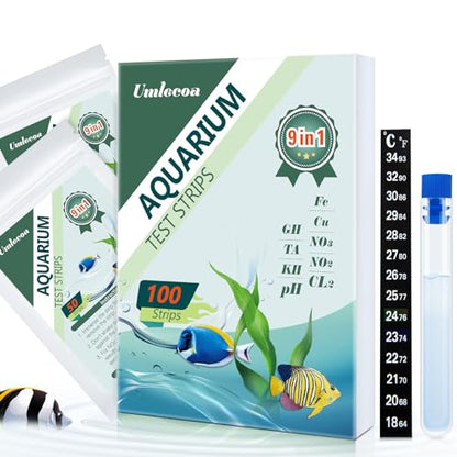 Umlecoa 9 in 1 Aquarium Test Kit for Freshwater and Saltwater - 100 Aquarium Test Strips with Test Tube & Thermometer - Fast & Accurate Water Testing Strips for Aquarium/Pond/Pool - size: 9 IN 1