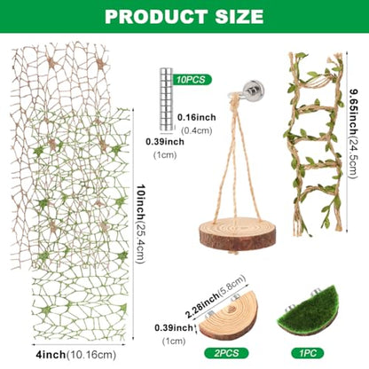 Jumping Spider Habitat Decor Set, 7-Piece Enclosure Climbing Kit | Includes 2 glitter webs, 3 wood platforms, 1 swing, and 1 rope bridge for climbing, resting, and styling enclosures