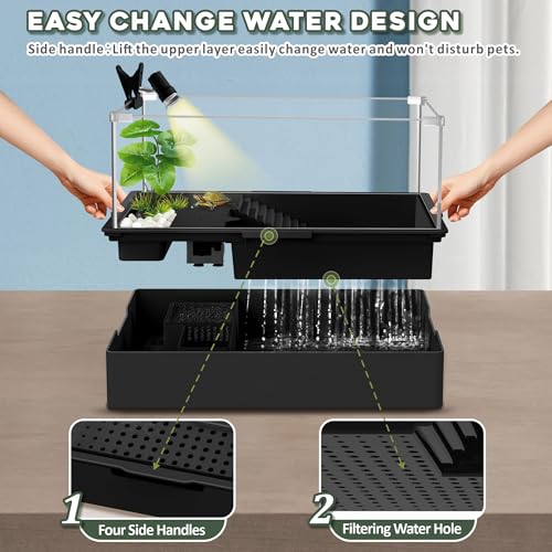 GOZILLA Small Turtle Tank Kit+Water Pump+Lamp, Acrylic Turtle Tank Starter Kit with Adjustable 5W Water Pump and Timing/Dimming Lamp, Multi-Functional Area for Small Turtles(Black Kit). - color: Black Kit